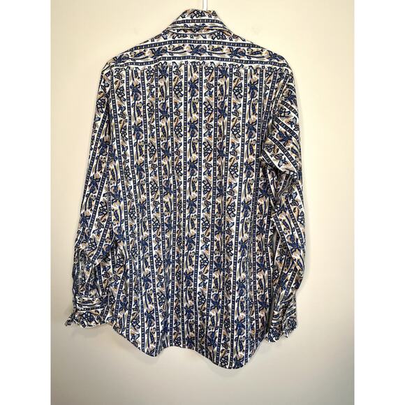 1970s Perma Press Victorian Yellow Blue Paisley Ruffle Disco Dagger Shirt L - Picture 6 of 6